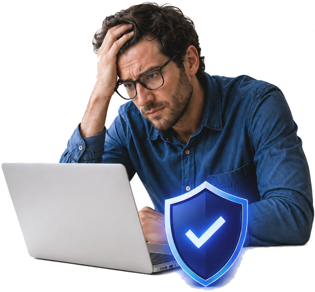 Worried computer user protected by a shield during a PC health check